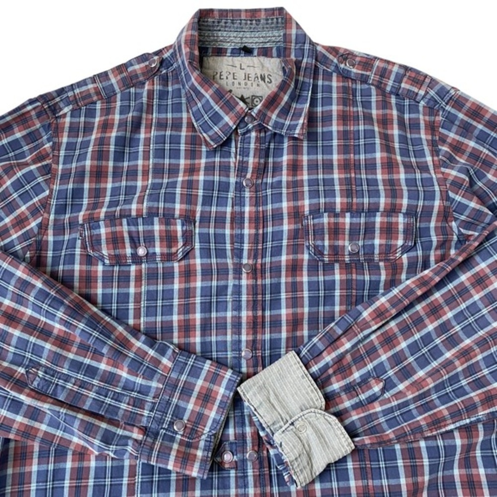 Pepe Jeans London Y2K Pearl Snap Shirt Men L Blue Plaid Button Up Flip Cuffs